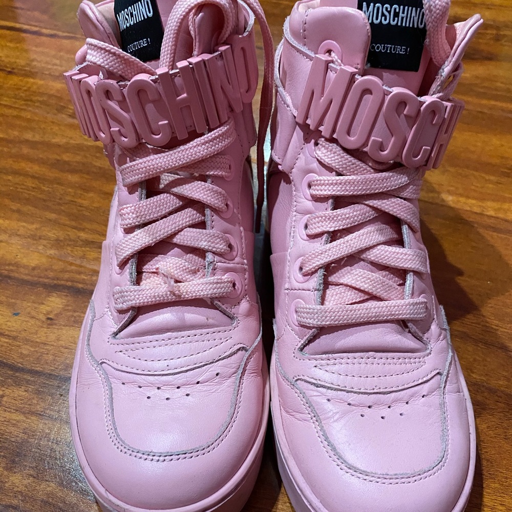 Moschino pink barbie high top sneaker.
